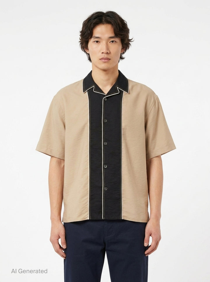 AMI Alexandre Mattiussi Shark Collar Boxy Short Sleeve Shirt in tan and black with contrast cream piping and button-through front, flat lay on white background - front