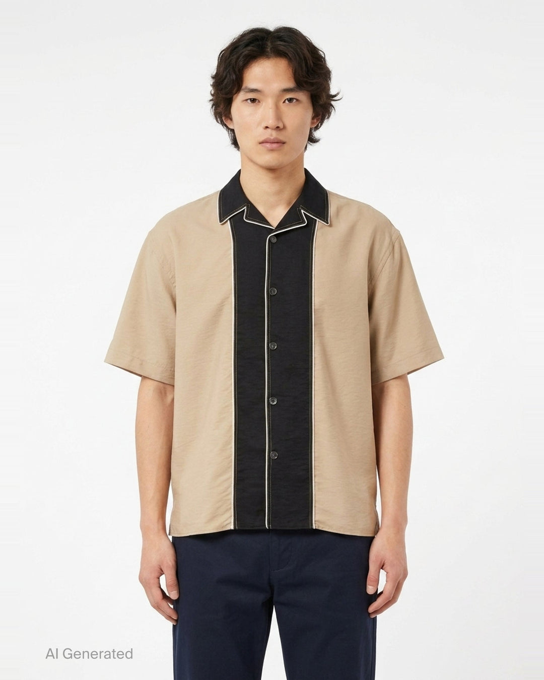 AMI Alexandre Mattiussi Shark Collar Boxy Short Sleeve Shirt in tan and black with contrast cream piping and button-through front, flat lay on white background - front