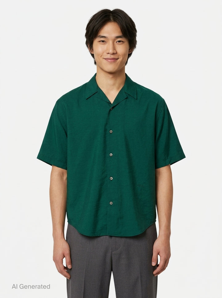 AMI Alexandre Mattiussi short sleeve boxy shirt in beige with camp collar, white shell buttons, and tonal AMI script embroidery at the chest - front