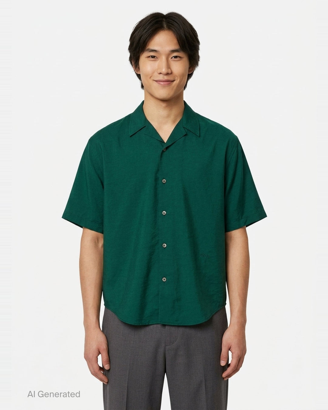AMI Alexandre Mattiussi short sleeve boxy shirt in beige with camp collar, white shell buttons, and tonal AMI script embroidery at the chest - front