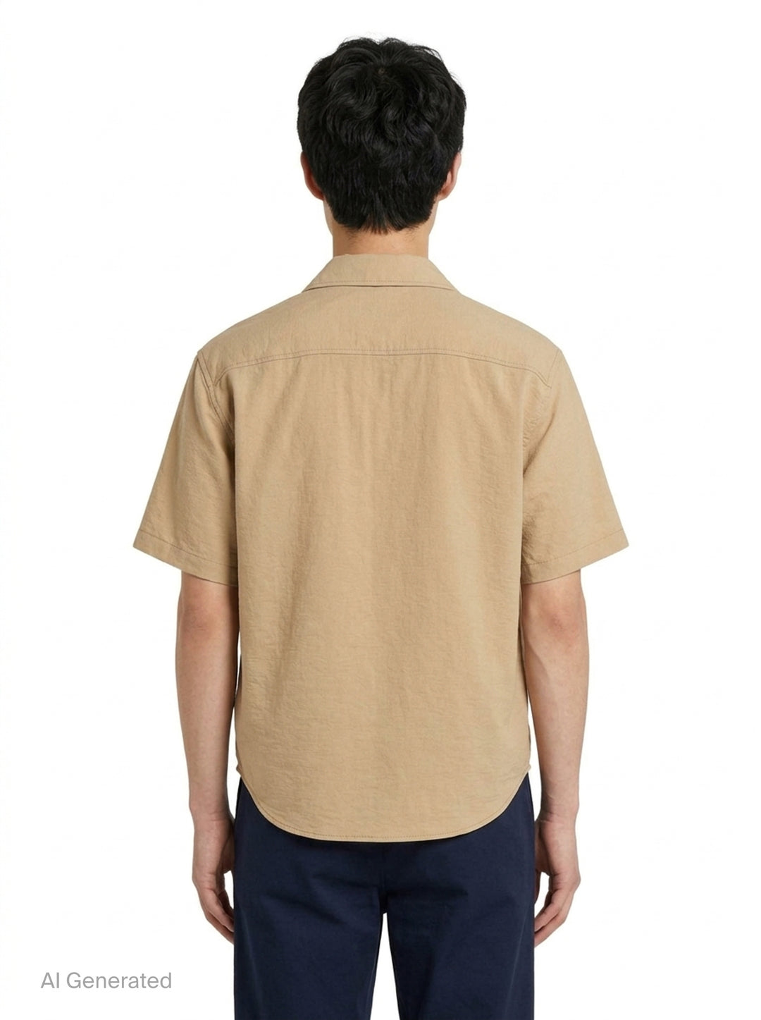 AMI Alexandre Mattiussi short sleeve boxy shirt in beige with camp collar, white shell buttons, and tonal AMI script embroidery at the chest - back