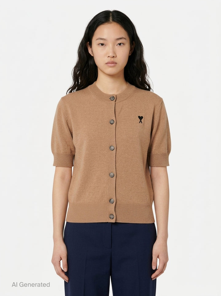 Ami Alexandre Matiussi short sleeve camel knit cardigan with button-through front, ribbed trims, and embroidered Ami de Cœur logo on the chest - front