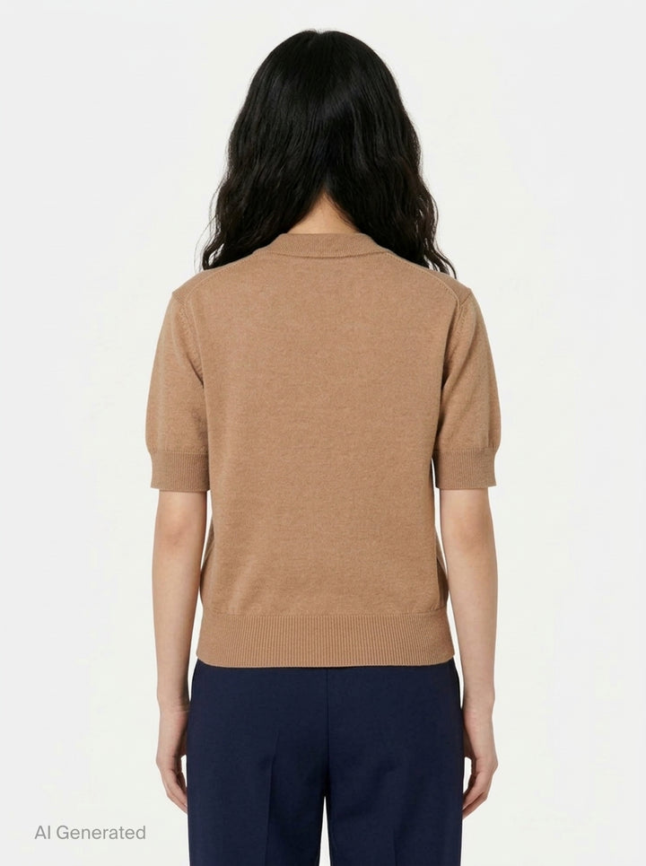 Ami Alexandre Matiussi short sleeve camel knit cardigan with button-through front, ribbed trims, and embroidered Ami de Cœur logo on the chest - back