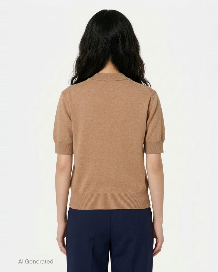 Ami Alexandre Matiussi short sleeve camel knit cardigan with button-through front, ribbed trims, and embroidered Ami de Cœur logo on the chest - back