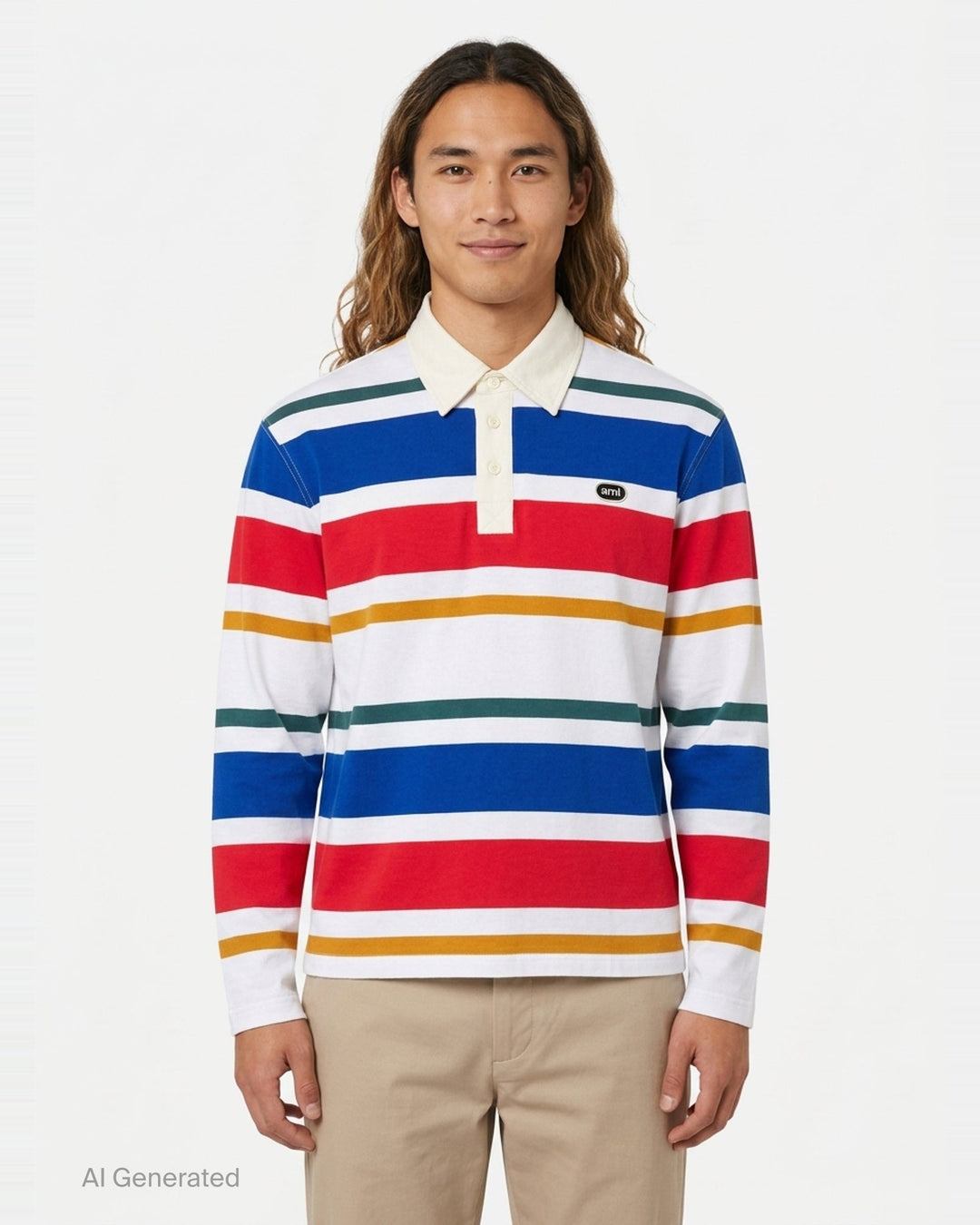 AMI Alexandre Mattiussi striped long sleeve polo with cream collar, three-button placket, and bold horizontal stripes in red, white, blue, teal, and mustard with AMI logo badge at chest - front