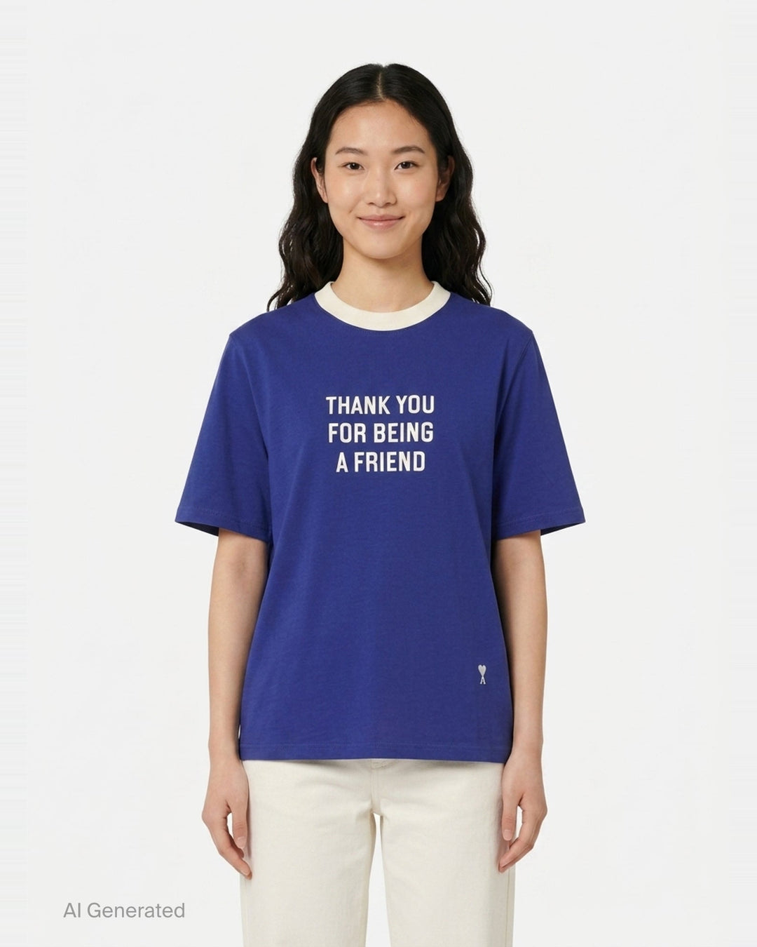 AMI royal blue cotton graphic T-shirt with 'Thank You For Being A Friend' slogan print in cream lettering, featuring a contrast cream ribbed crew neckline and AMI de Cœur logo at the hem - front