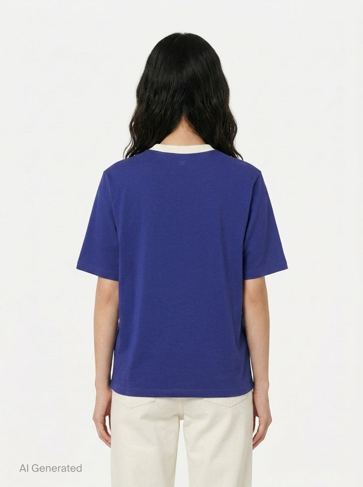AMI royal blue cotton graphic T-shirt with 'Thank You For Being A Friend' slogan print in cream lettering, featuring a contrast cream ribbed crew neckline and AMI de Cœur logo at the hem - back