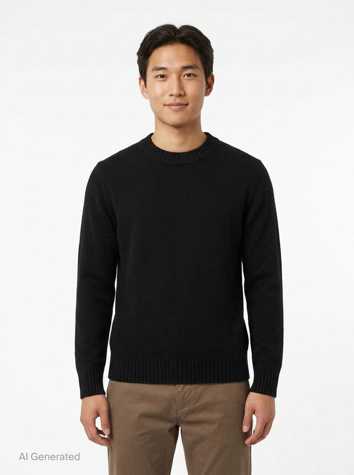AMI Tonal Crewneck Sweater in black with ribbed collar, cuffs, and hem — front view - front