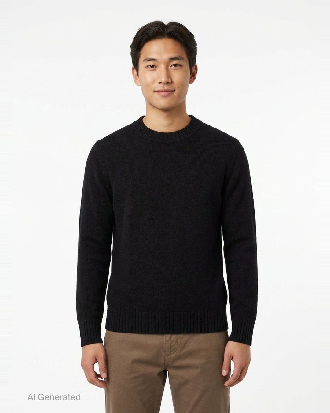 AMI Tonal Crewneck Sweater in black with ribbed collar, cuffs, and hem — front view - front