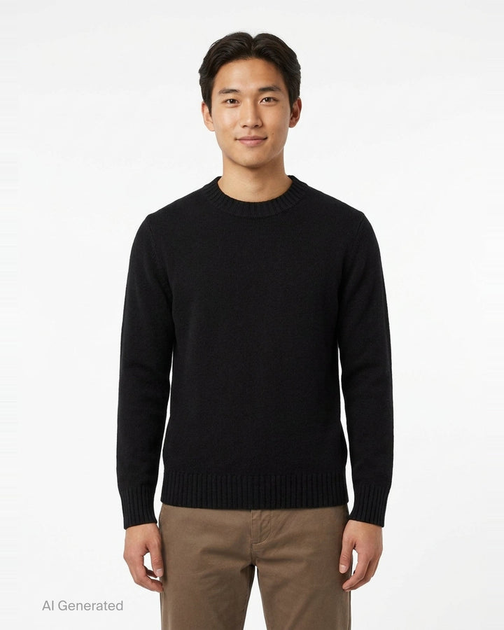 AMI Tonal Crewneck Sweater in black with ribbed collar, cuffs, and hem — front view - front