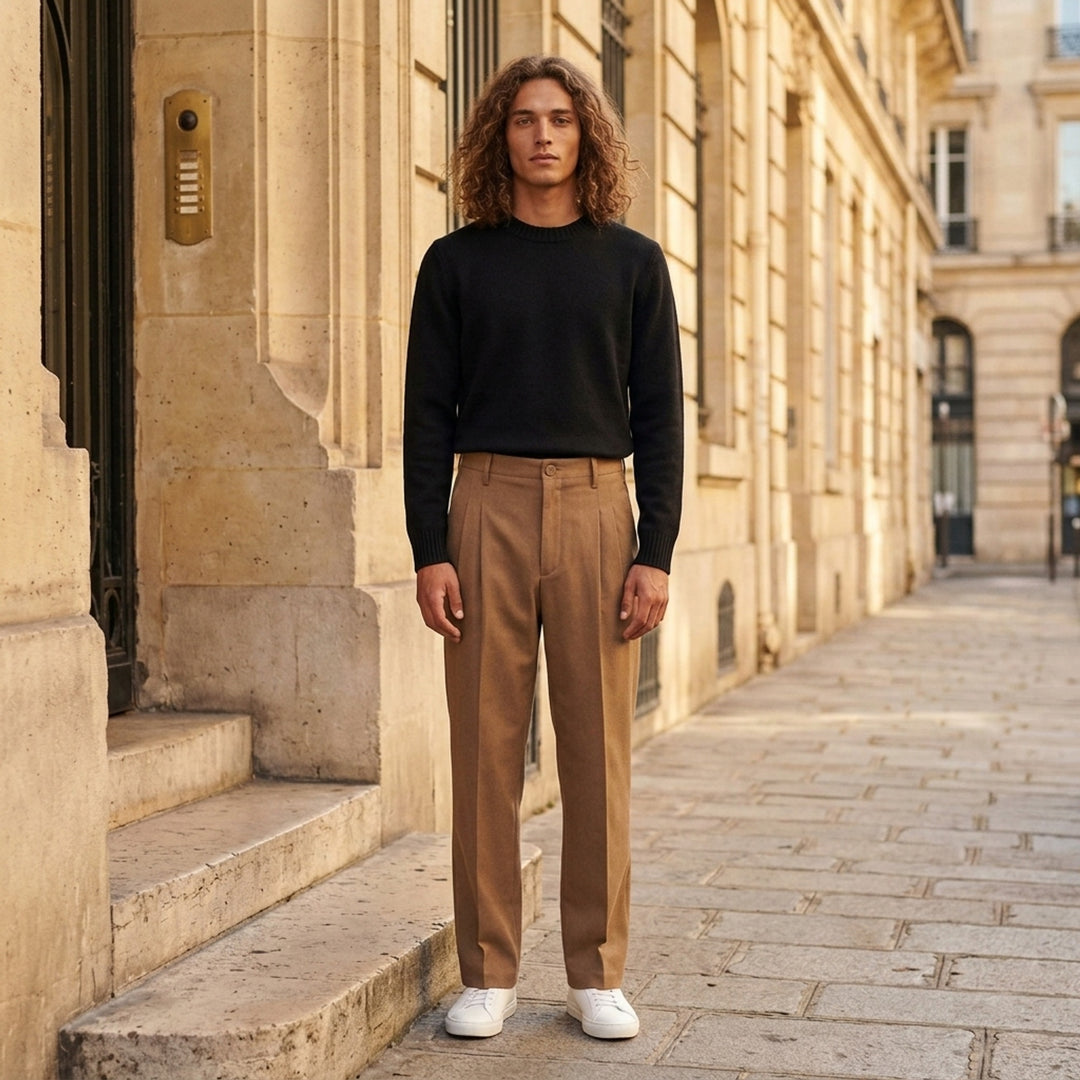 AMI Tonal Crewneck Sweater in black with ribbed collar, cuffs, and hem — front view - lifestyle
