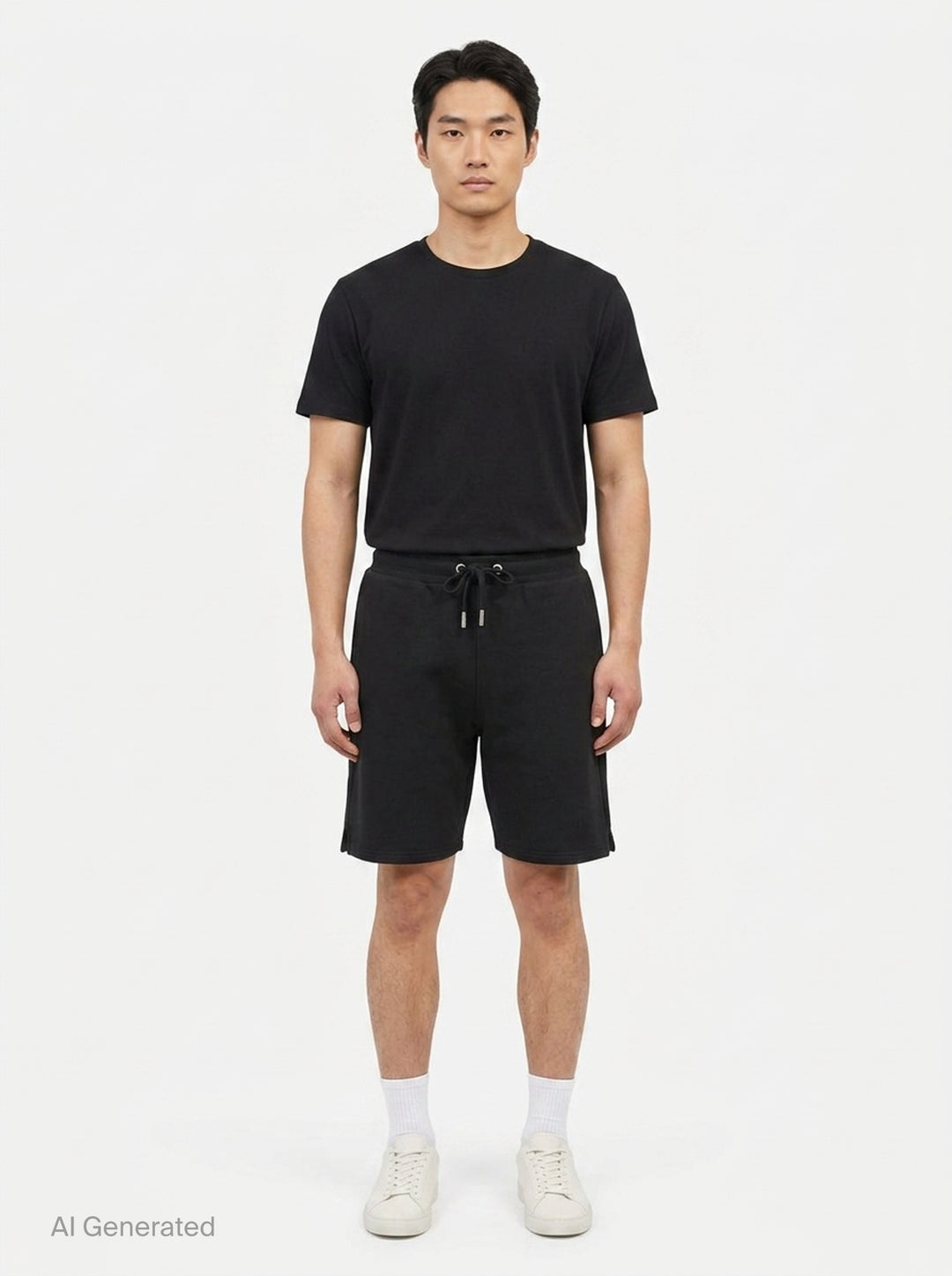 AMI Tonal Emboss Shorts in taupe cotton fleece with drawstring waistband, silver-tone aglets, and subtle logo emboss detail, laid flat on white background - front