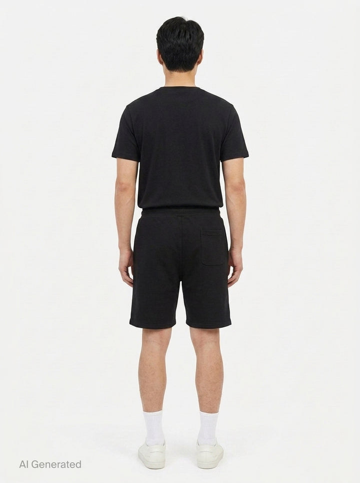AMI Tonal Emboss Shorts in taupe cotton fleece with drawstring waistband, silver-tone aglets, and subtle logo emboss detail, laid flat on white background - back