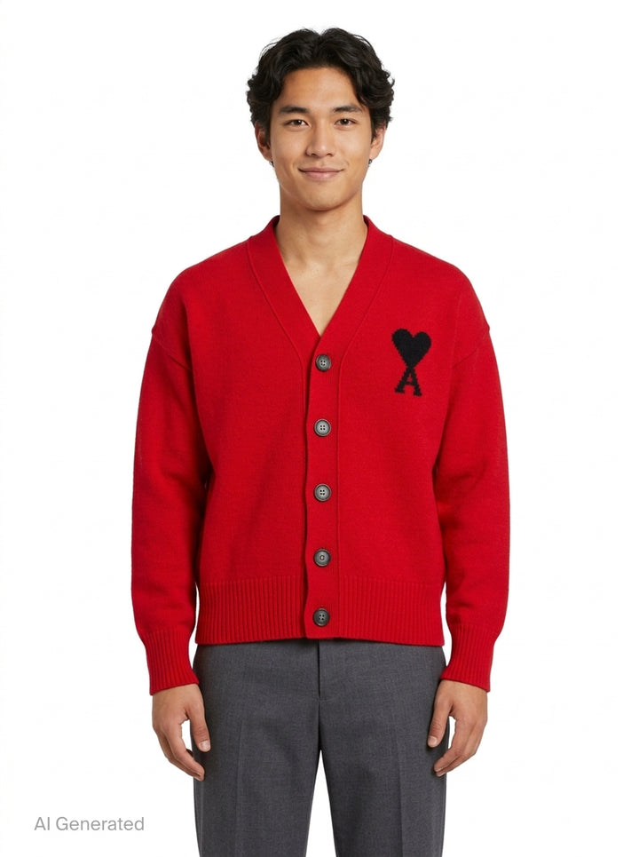 Ami Alexandre Mattiussi black V-neck cardigan with red intarsia-knit Ami de Cœur heart logo on the chest, button front closure, and ribbed trims - front