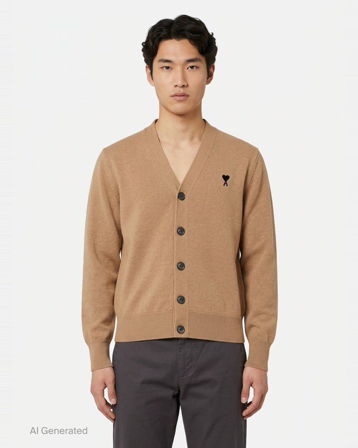 AMI Alexandre Matiussi camel V-neck cardigan with dark tonal button fastening and Ami de Cœur logo embroidery on the chest - front