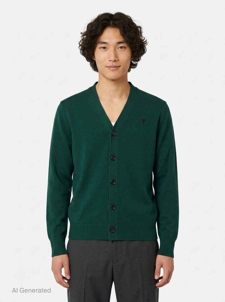 AMI Alexandre Matiussi camel V-neck cardigan with dark tonal button fastening and Ami de Cœur logo embroidery on the chest - front