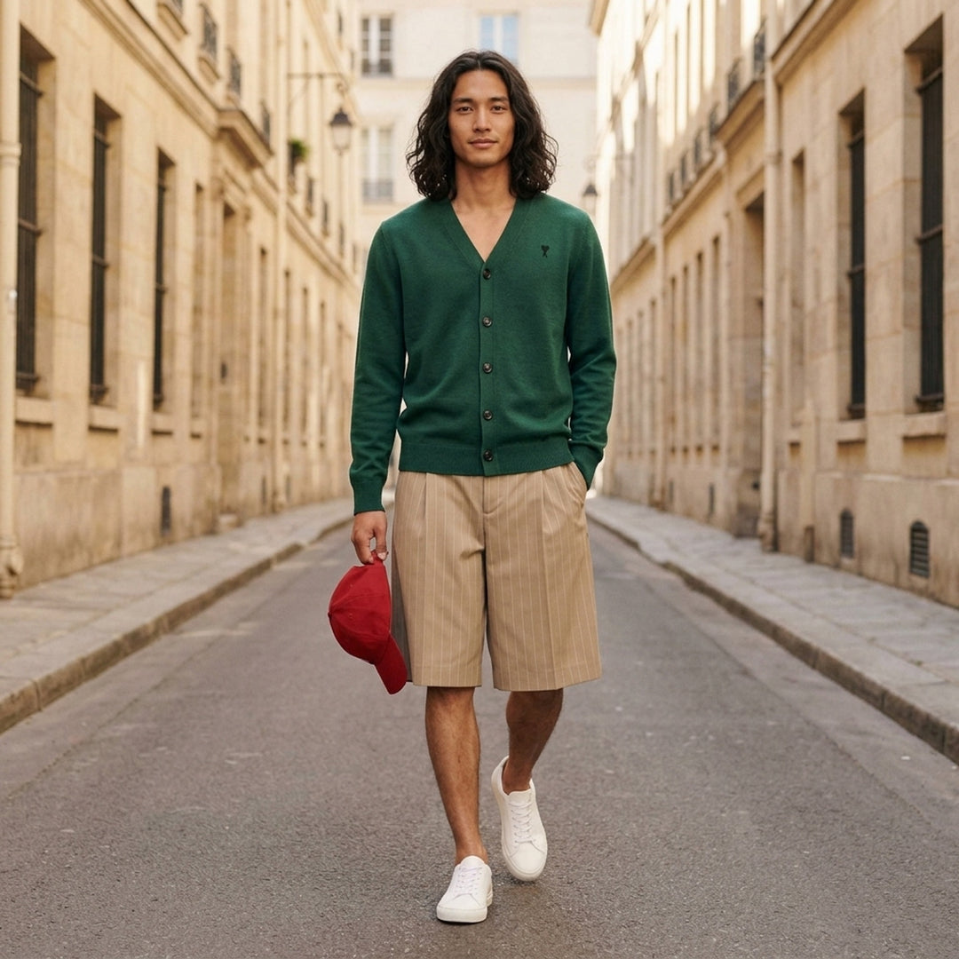 AMI Alexandre Matiussi camel V-neck cardigan with dark tonal button fastening and Ami de Cœur logo embroidery on the chest - lifestyle