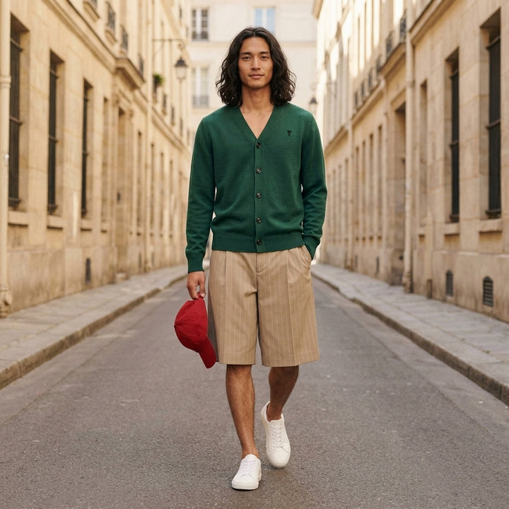 AMI Alexandre Matiussi camel V-neck cardigan with dark tonal button fastening and Ami de Cœur logo embroidery on the chest - lifestyle