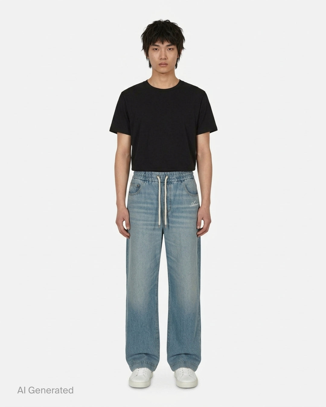 Amiri baggy drawstring jeans in washed light-blue denim with an elasticated waist, white rope drawcord and embroidered script logo at the hip - front