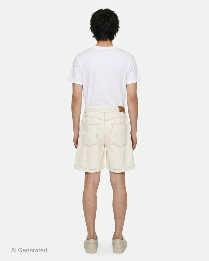 Amiri ecru drawstring denim shorts with contrast brown topstitching and embroidered logo at the hem - back