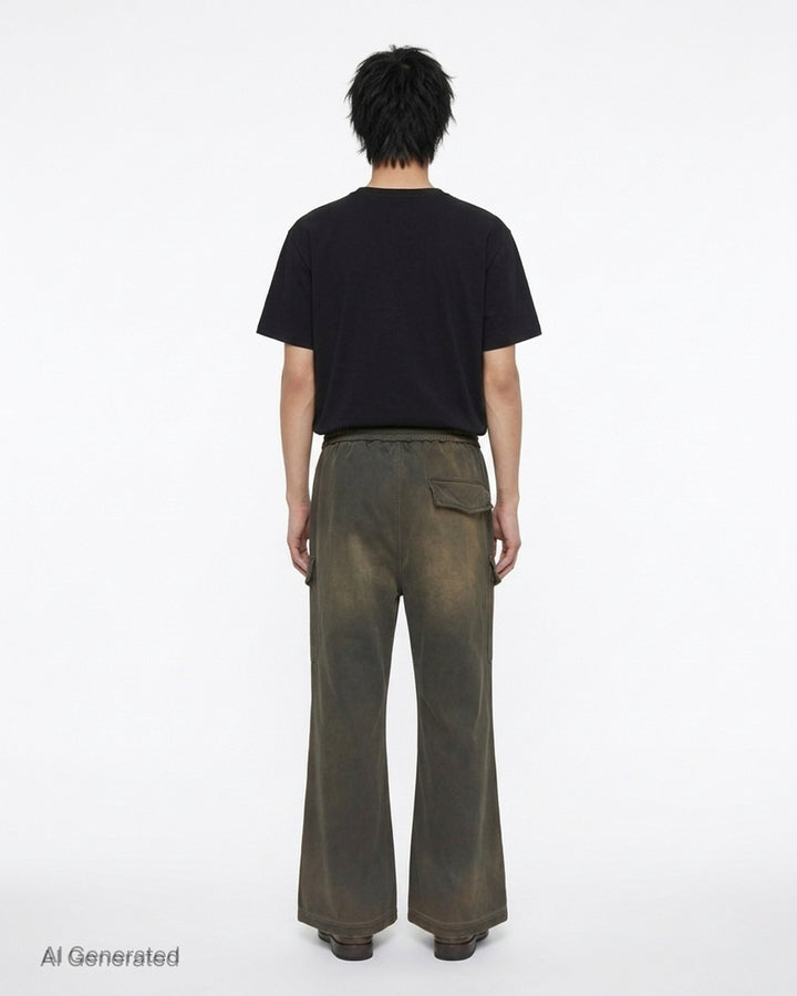 Amiri faded olive cotton cargo pants with flap pockets, strap details and snap-button flared hems - back