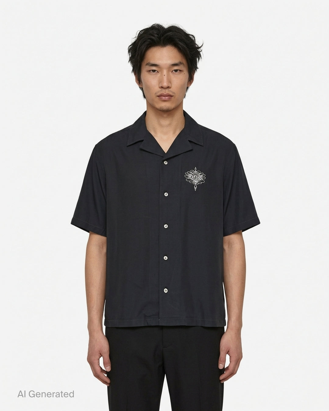 Amiri Lasso oversized camp shirt in black with an ornate embroidered logo on the chest, camp collar and mother-of-pearl buttons - front