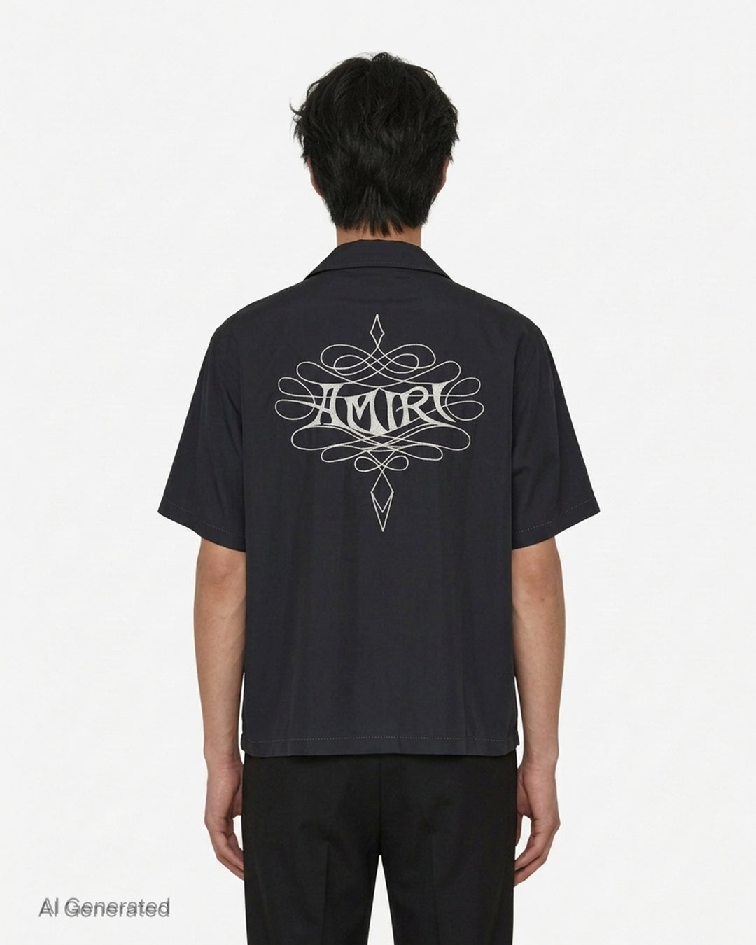 Amiri Lasso oversized camp shirt in black with an ornate embroidered logo on the chest, camp collar and mother-of-pearl buttons - back