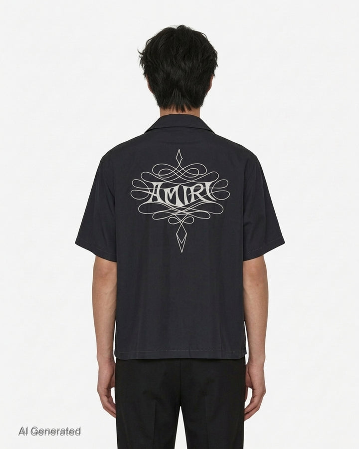 Amiri Lasso oversized camp shirt in black with an ornate embroidered logo on the chest, camp collar and mother-of-pearl buttons - back