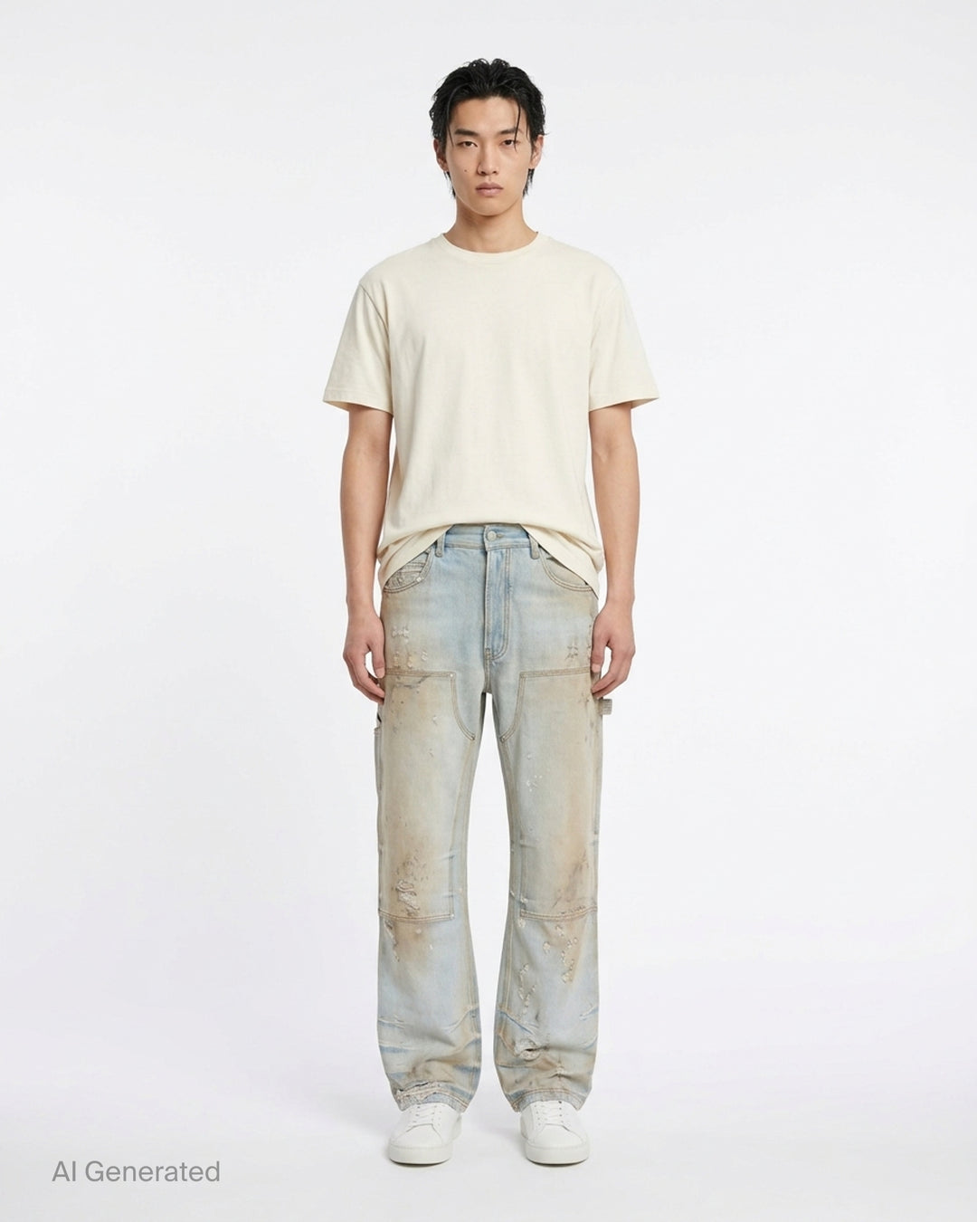 Amiri lightweight carpenter jeans in a distressed light wash with double-knee panels and hammer loop, shown from the front - front