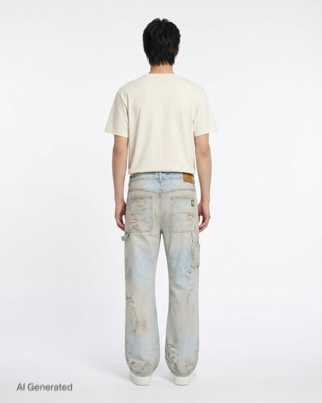 Amiri lightweight carpenter jeans in a distressed light wash with double-knee panels and hammer loop, shown from the front - back