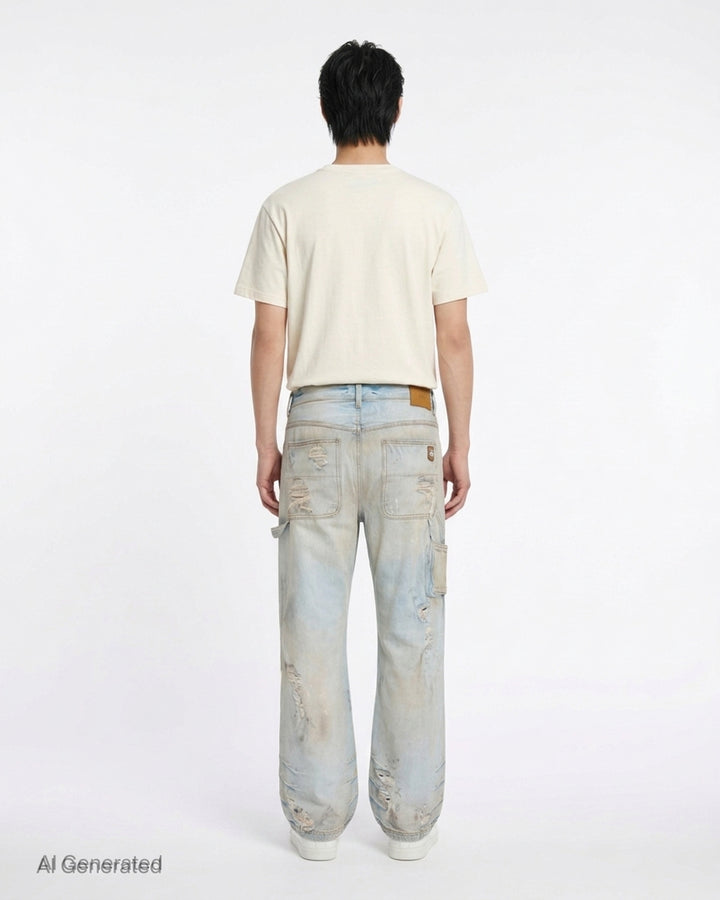 Amiri lightweight carpenter jeans in a distressed light wash with double-knee panels and hammer loop, shown from the front - back