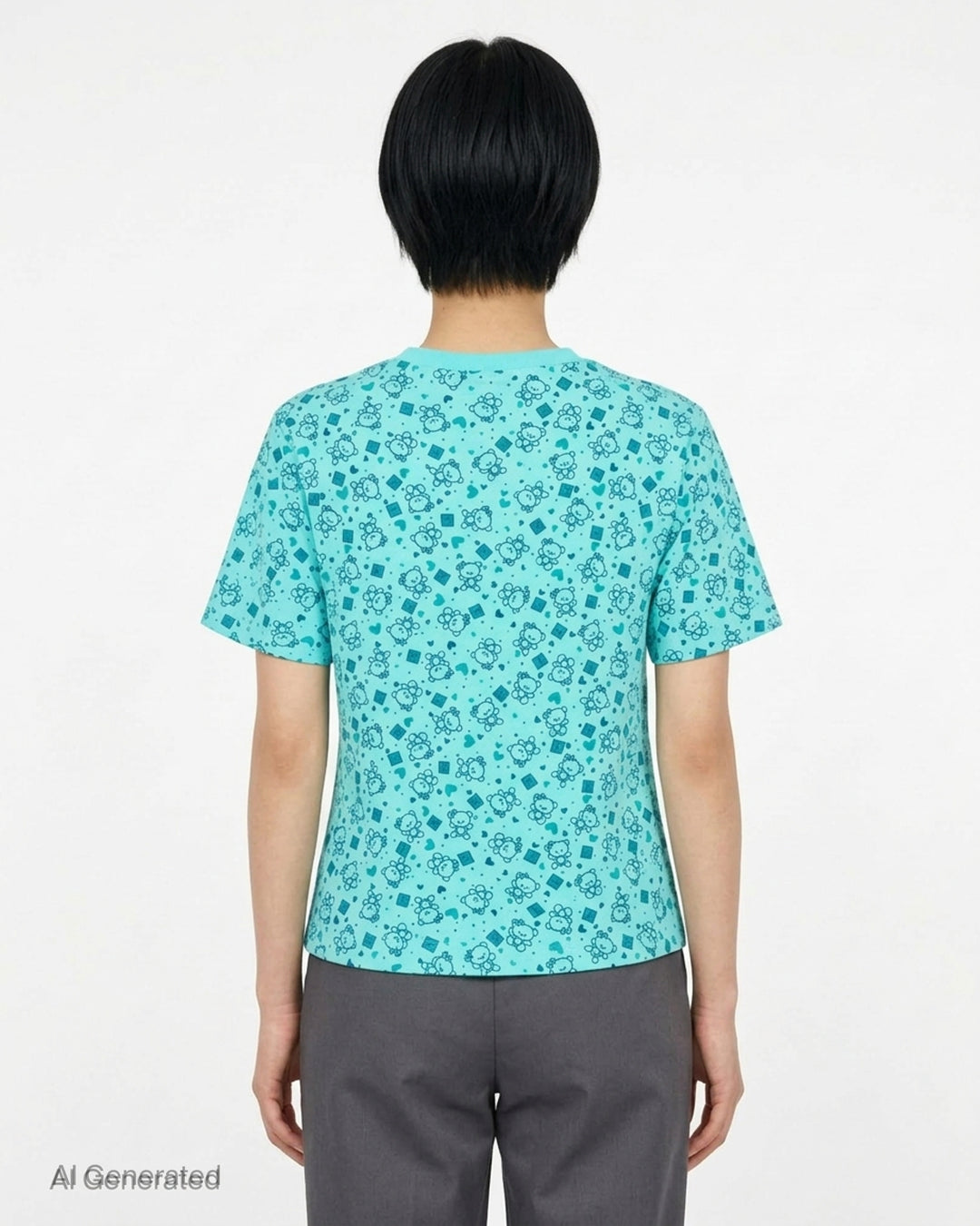 Ashley Williams Bear Window T-Shirt in aqua with all-over illustrated bear print, vertical purple centre stripe, contrast-trimmed chest patch pocket, and crew neckline - back