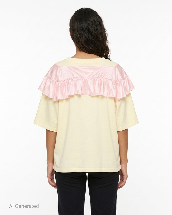 Ashley Williams Curtain T-Shirt in pale yellow with a pink satin ruffle yoke and bow detail at the chest - back