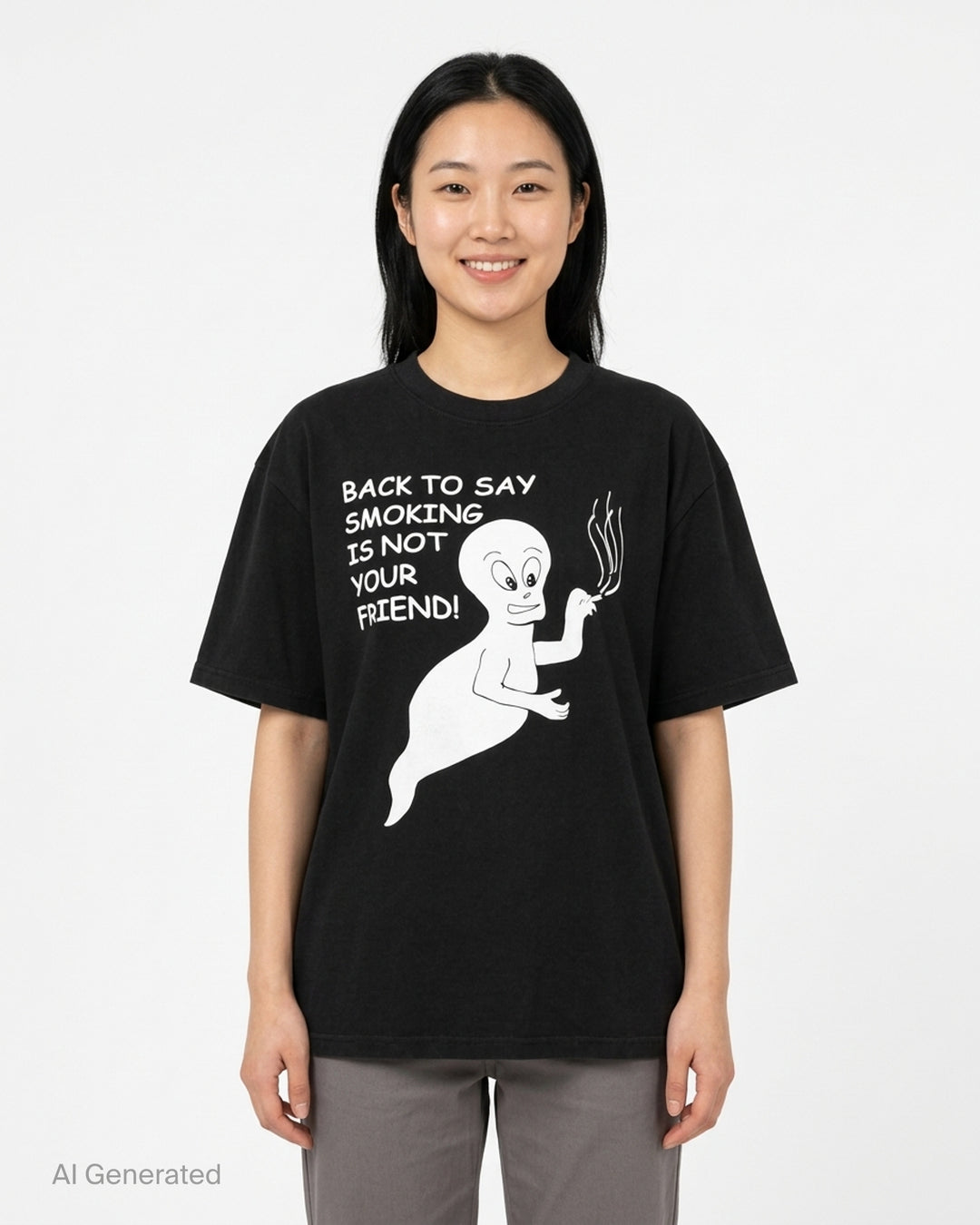 Ashley Williams black oversized crew neck tee with a Casper-inspired ghost graphic and 'Back To Say Smoking Is Not Your Friend!' slogan printed on the chest - front