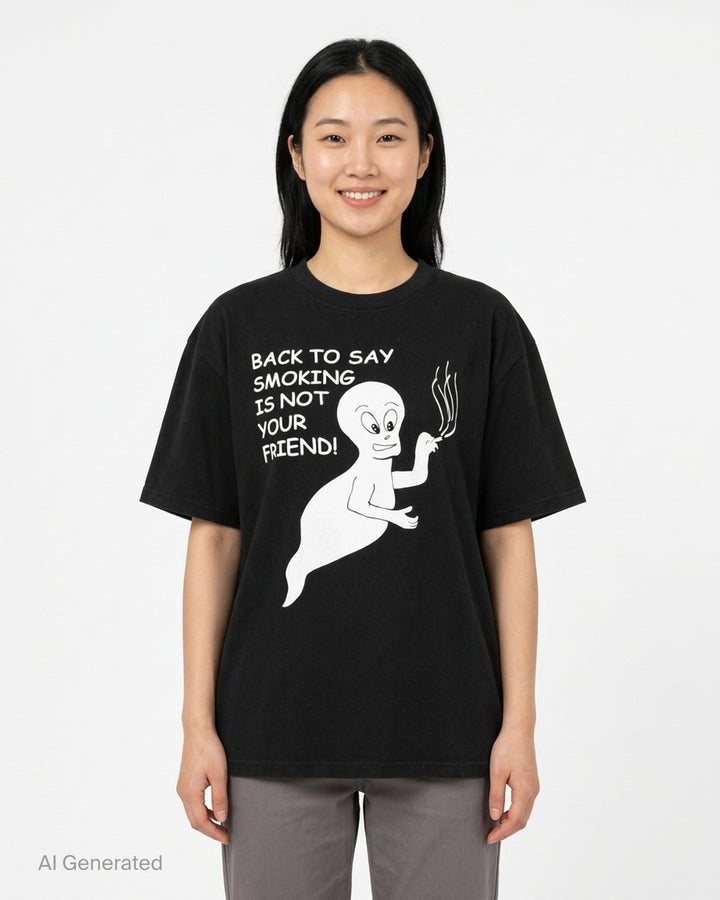 Ashley Williams black oversized crew neck tee with a Casper-inspired ghost graphic and 'Back To Say Smoking Is Not Your Friend!' slogan printed on the chest - front