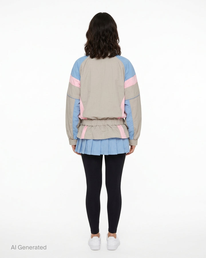 Ashley Williams grey windbreaker dress with sky blue and blush pink colourblock chevron panels, elasticated ruched waist, long sleeves with elasticated cuffs, and a pleated sky blue hem, photographed flat on a white background - back