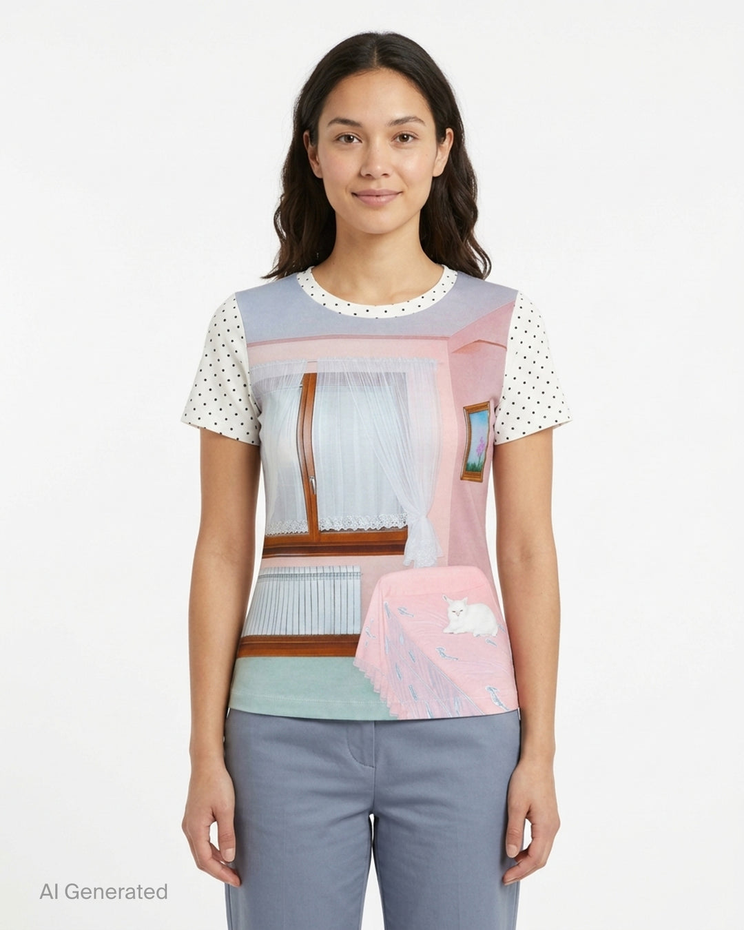 Ashley Williams Room Short Sleeve Tee with a photographic pastel bedroom interior print on the body and white polka dot short sleeves, featuring a crew neckline and fitted silhouette - front