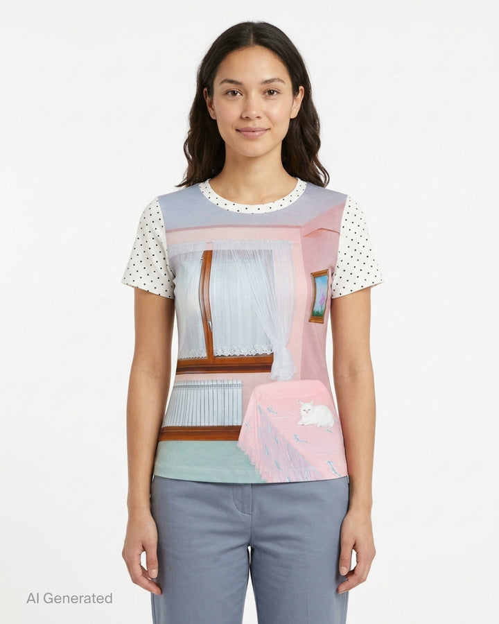 Ashley Williams Room Short Sleeve Tee with a photographic pastel bedroom interior print on the body and white polka dot short sleeves, featuring a crew neckline and fitted silhouette - front
