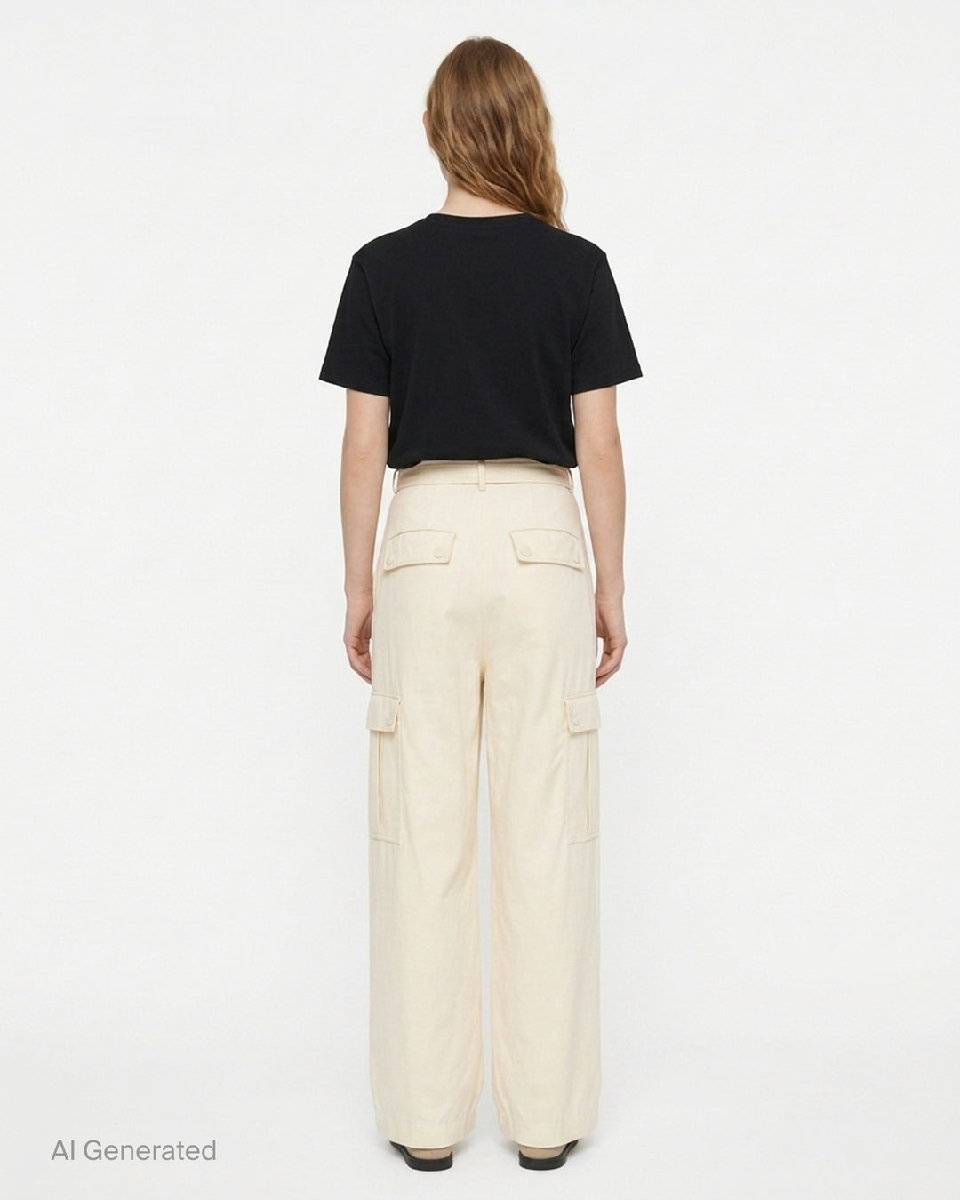 Cream belted wide-leg cargo pants with pleated front and button-flap side pockets - back