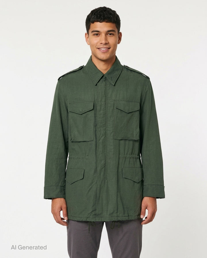 Auralee olive green padded blouson in brushed silk linen satin with four flap pockets, epaulettes and drawstring waist - front