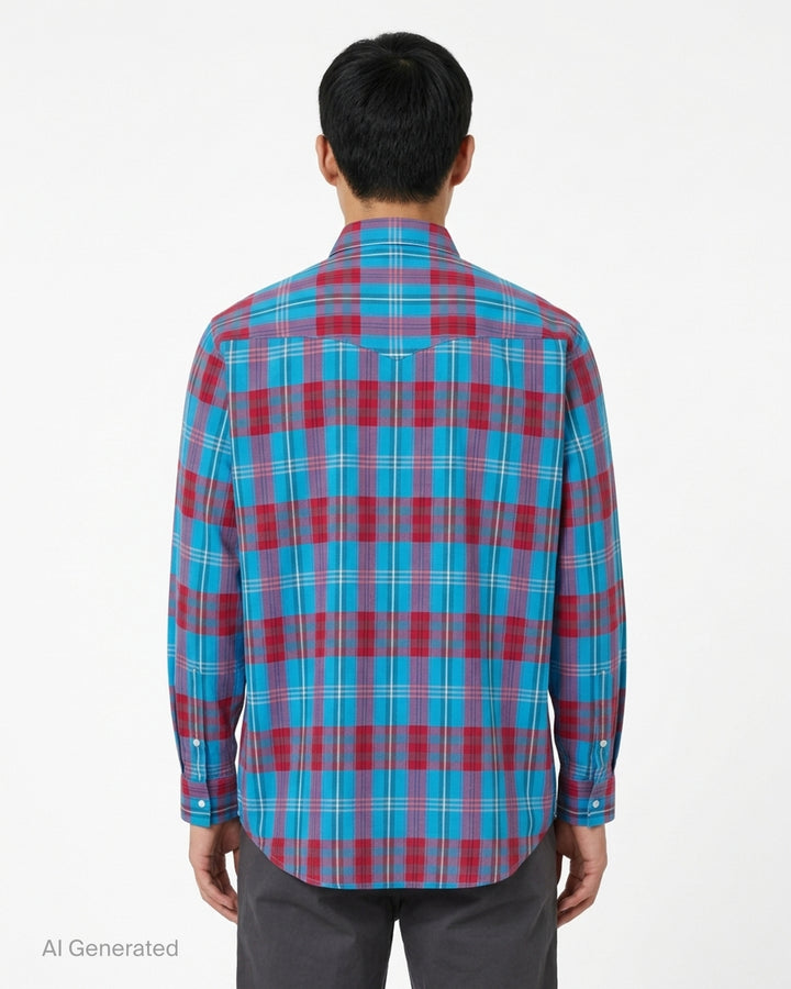 Auralee High Twist Cotton Silk Check long sleeve shirt in blue and red plaid with snap buttons and twin flap chest pockets - back