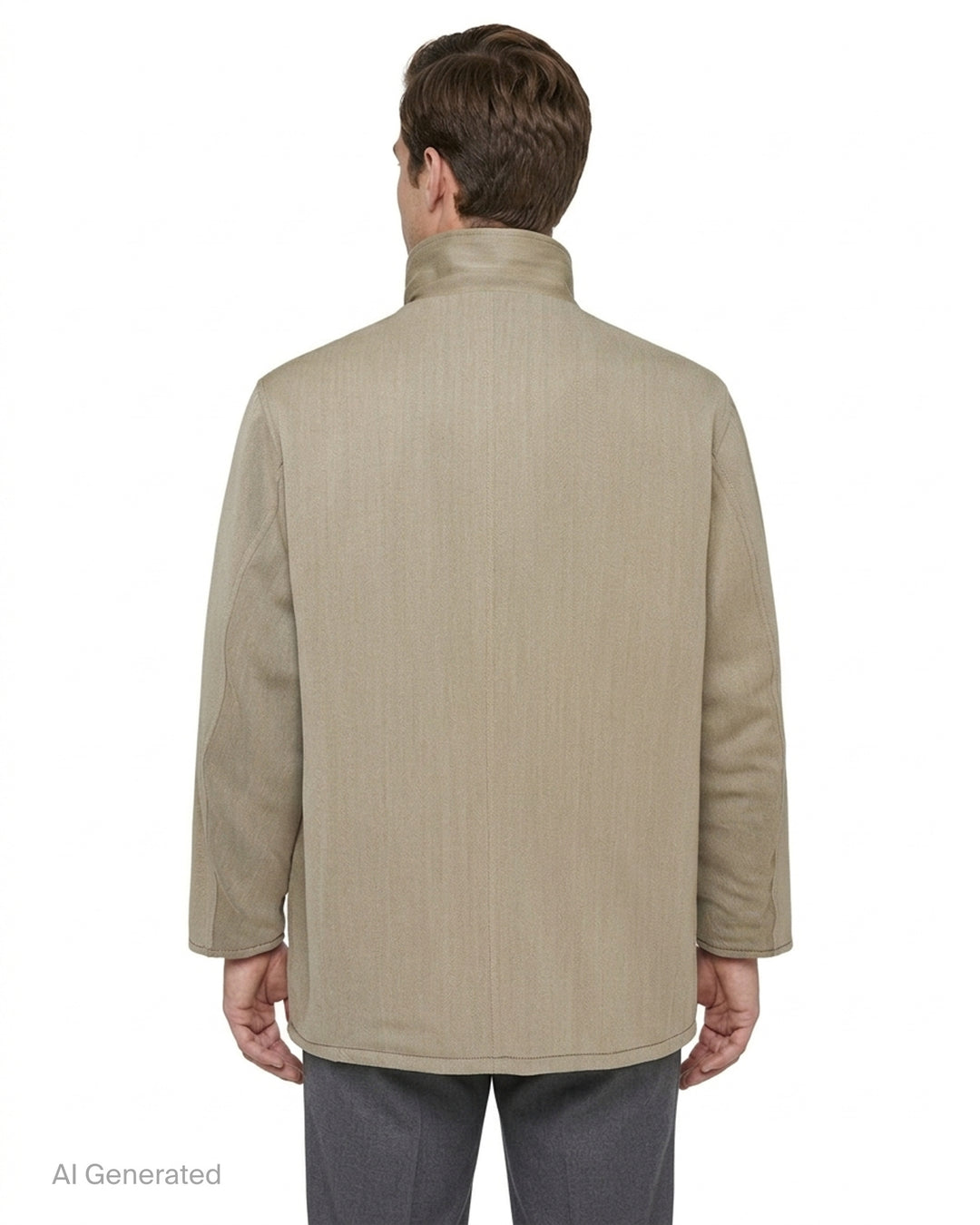 Auralee reversible wool twisted twill coat in beige with stand collar, button front and black leather reverse visible at the collar - back