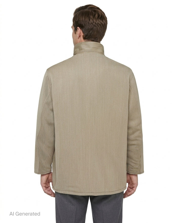 Auralee reversible wool twisted twill coat in beige with stand collar, button front and black leather reverse visible at the collar - back