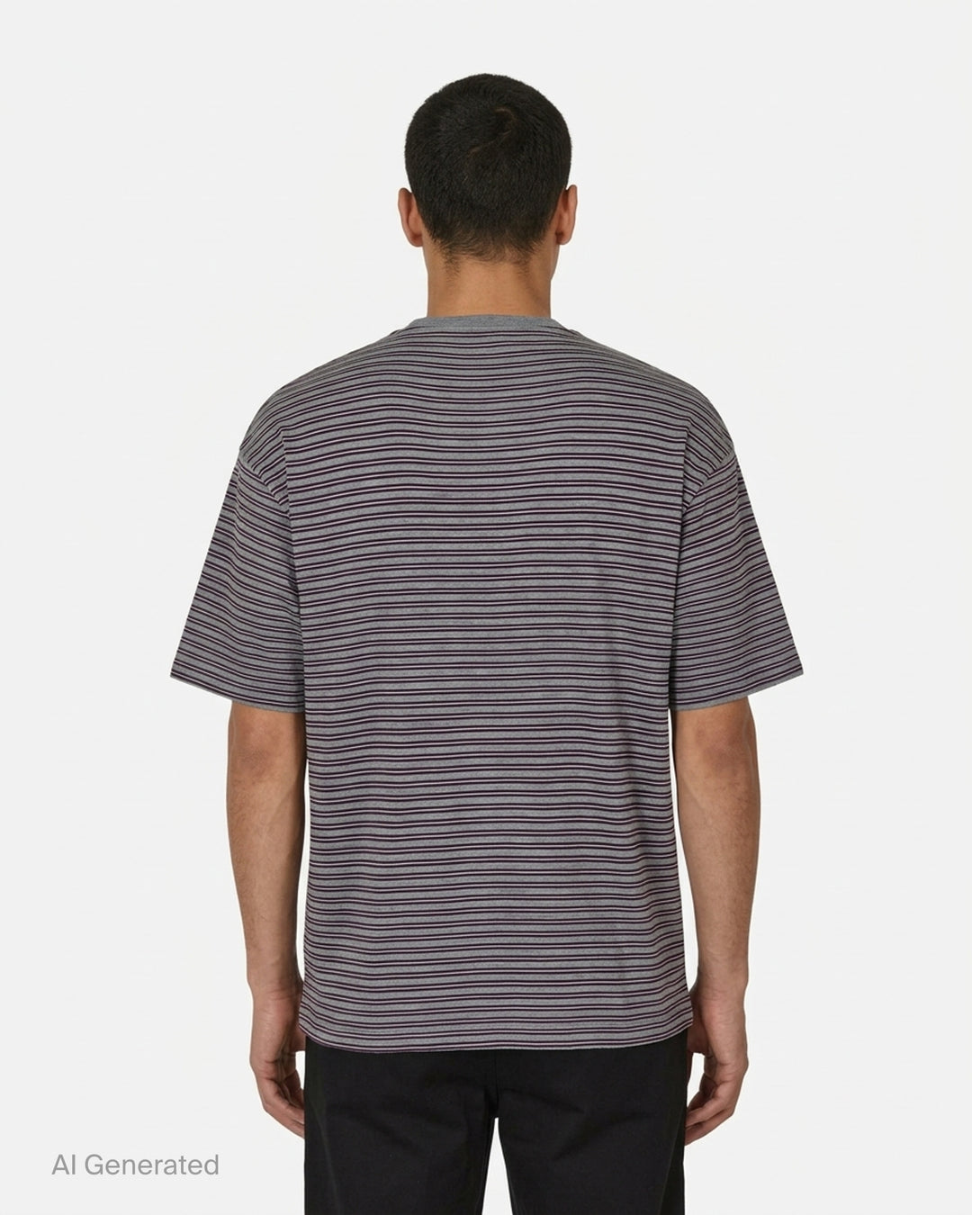Auralee oversized short-sleeve tee in soft wool jersey with fine green and taupe horizontal stripes and a taupe ribbed crew neck - back