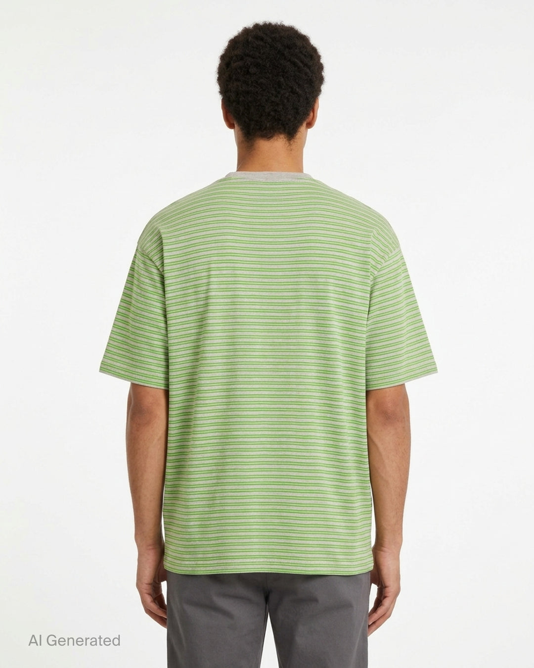 Auralee oversized short-sleeve tee in soft wool jersey with fine green and taupe horizontal stripes and a taupe ribbed crew neck - back
