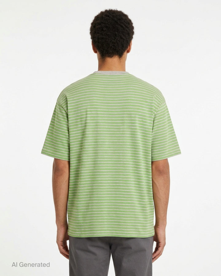 Auralee oversized short-sleeve tee in soft wool jersey with fine green and taupe horizontal stripes and a taupe ribbed crew neck - back