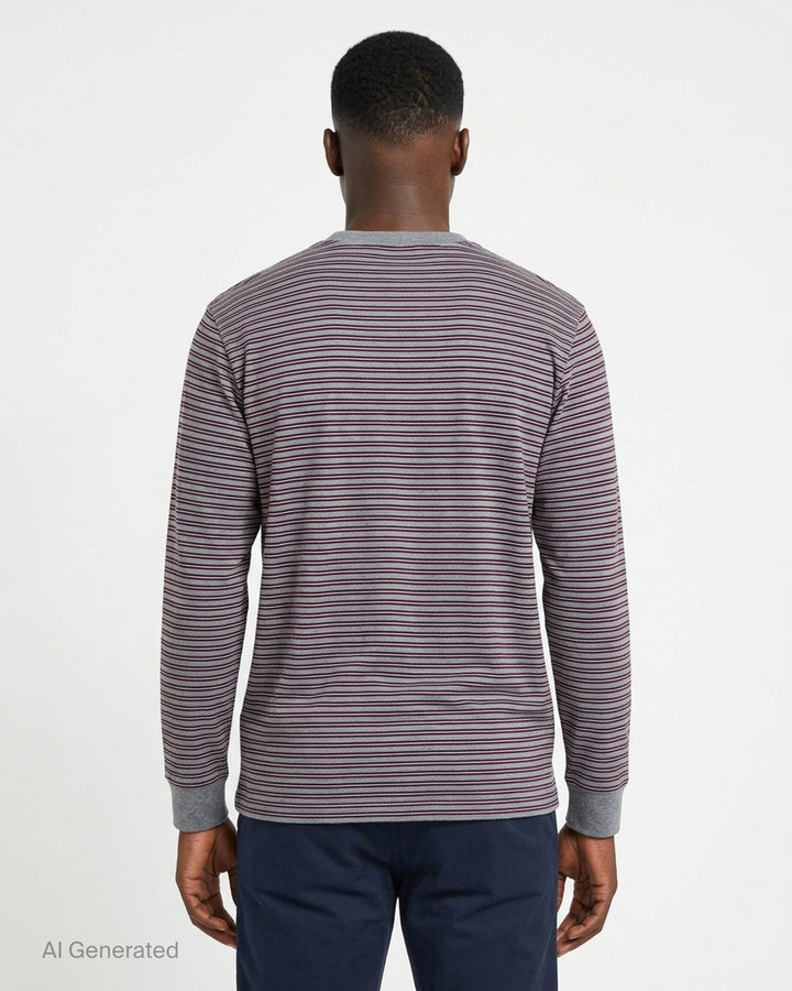 Auralee soft smooth wool stripe long sleeve tee in heather grey with fine plum and white stripes, shown flat from the front - back