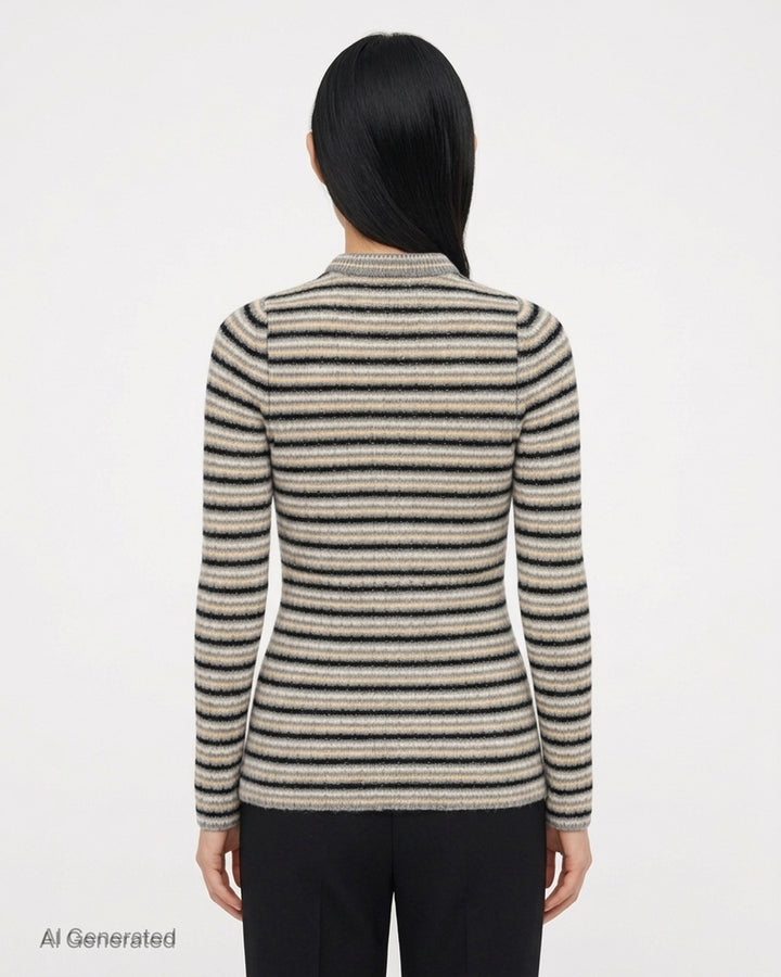 Auralee striped rib knit cardigan in grey, cream, sand, and black with a button front and crew neckline - back
