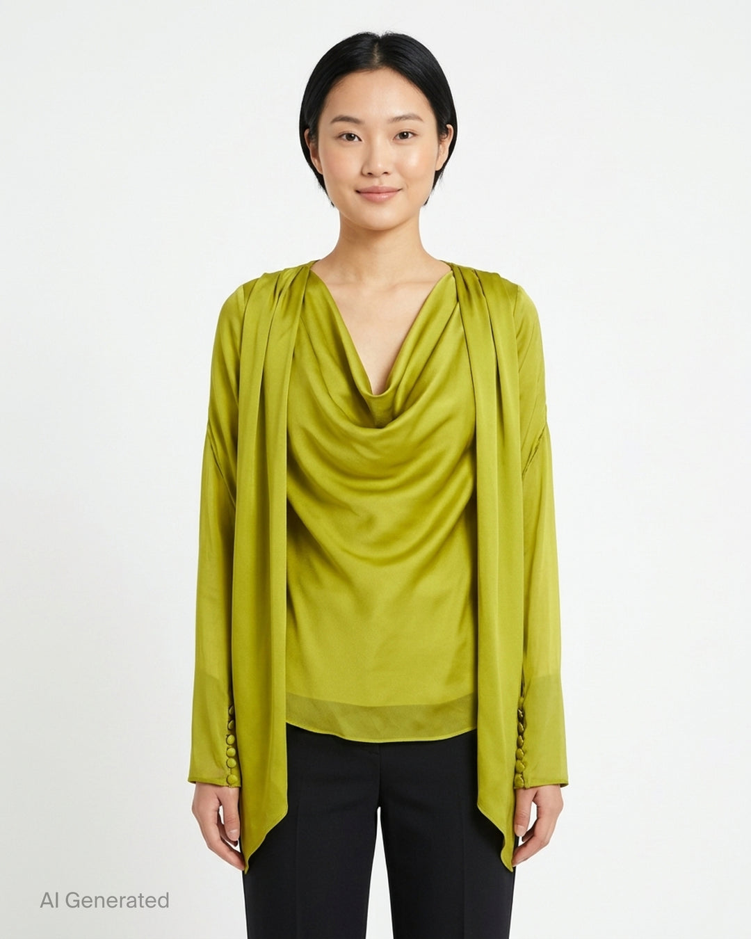 Balmain open neck draped silk charmeuse blouse with cowl neckline, scarf-like shoulder panels and covered button cuffs - front