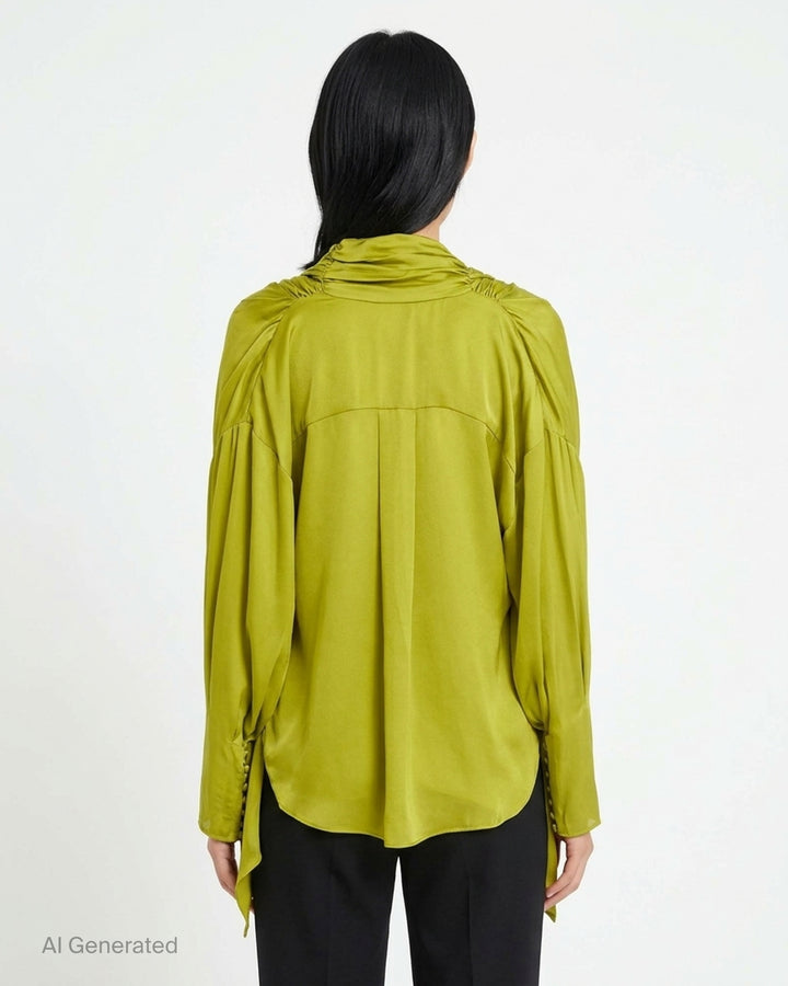 Balmain open neck draped silk charmeuse blouse with cowl neckline, scarf-like shoulder panels and covered button cuffs - back